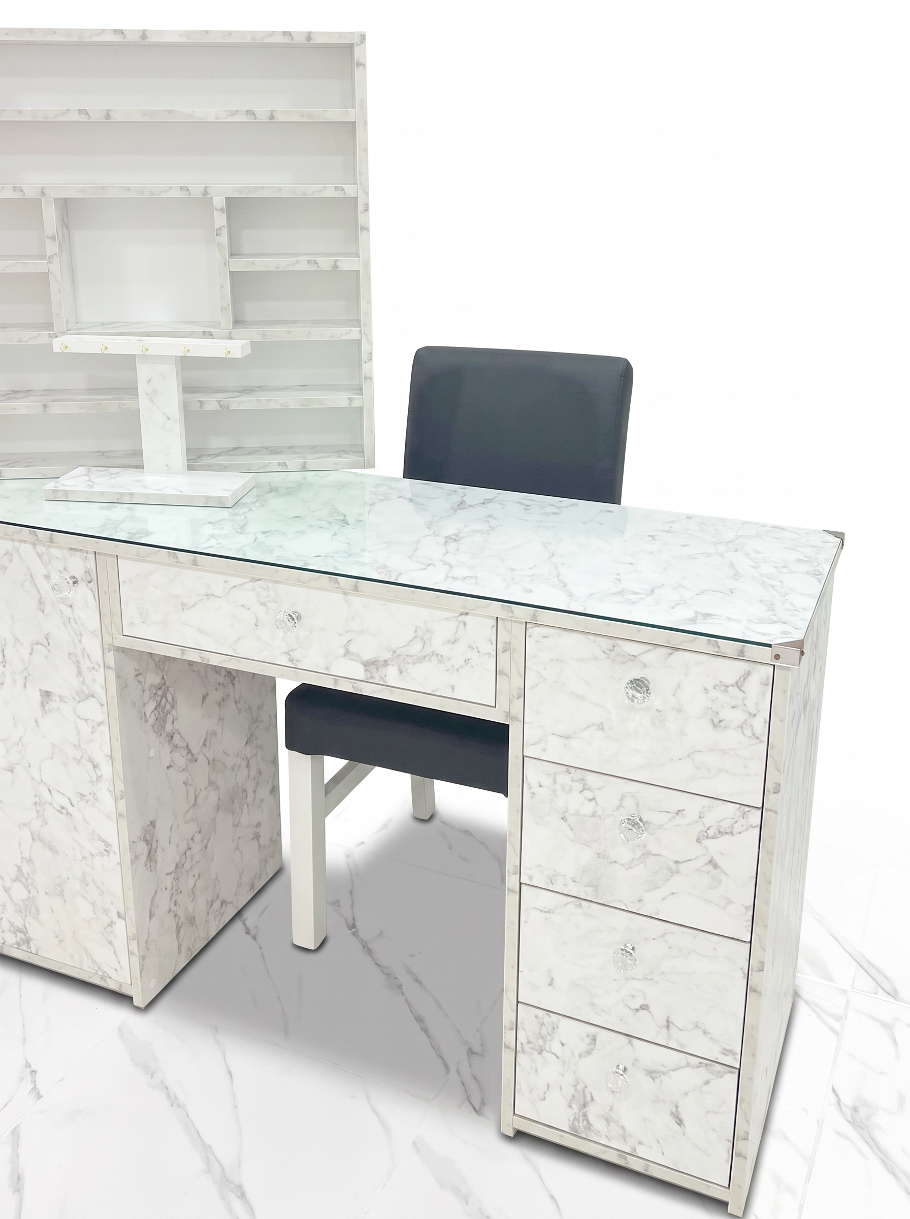 Marble Vanity Nail Station — Crystal Knobs