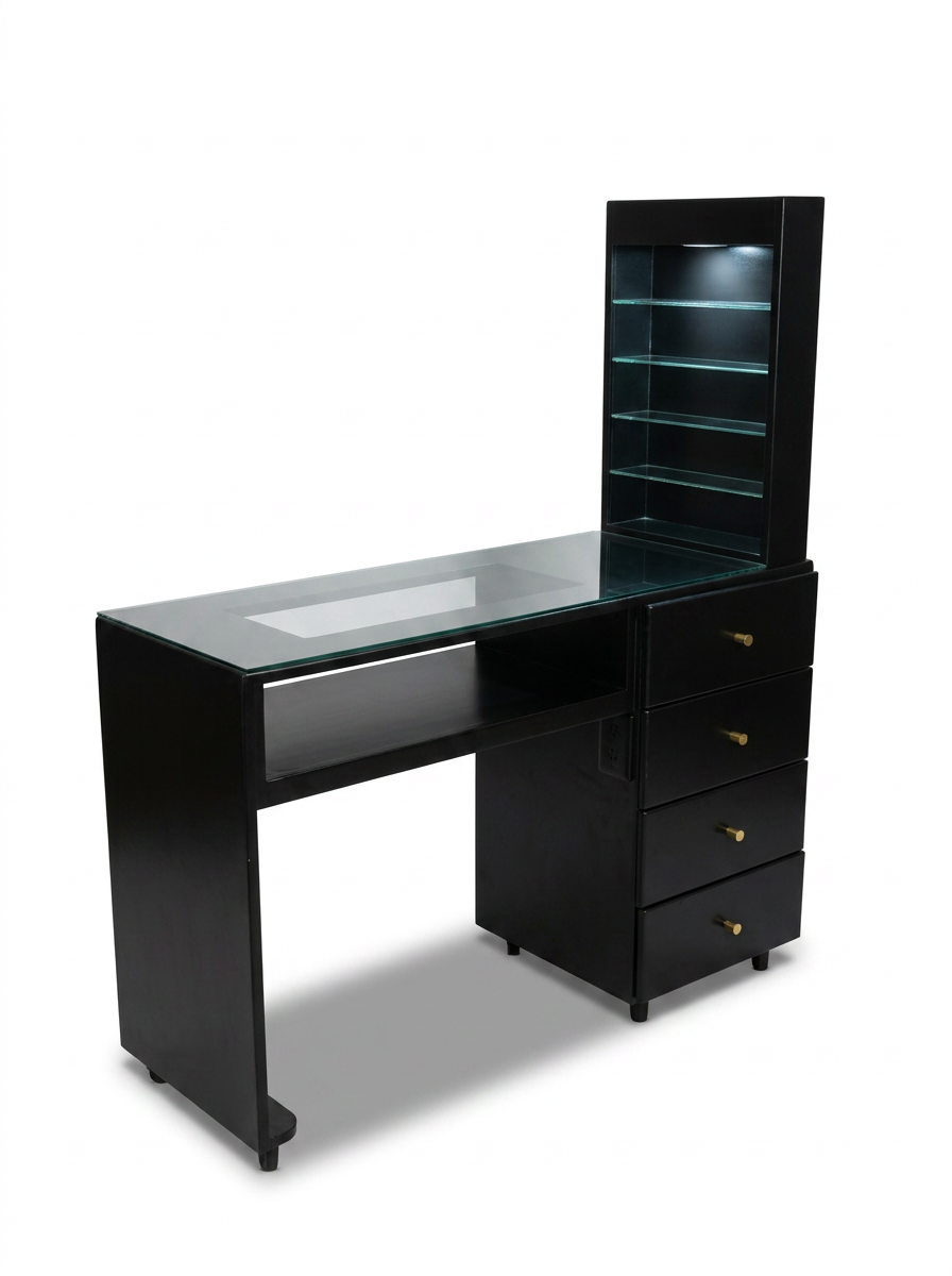 Noir Nail Station — Gold Hardware & Glass Hutch