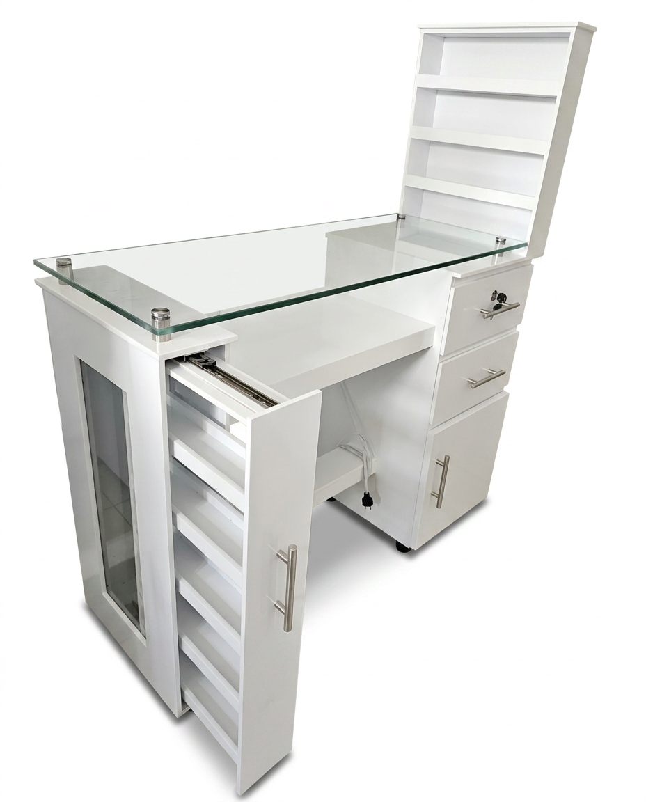 Classic White Nail Station — Locking Drawer & Hutch